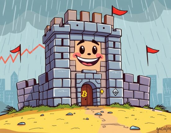A resilient cartoon fortress symbolizing strong crypto firm fundamentals standing firm during a market storm.