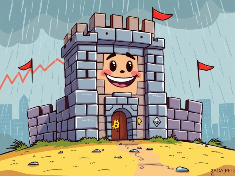 A resilient cartoon fortress symbolizing strong crypto firm fundamentals standing firm during a market storm.