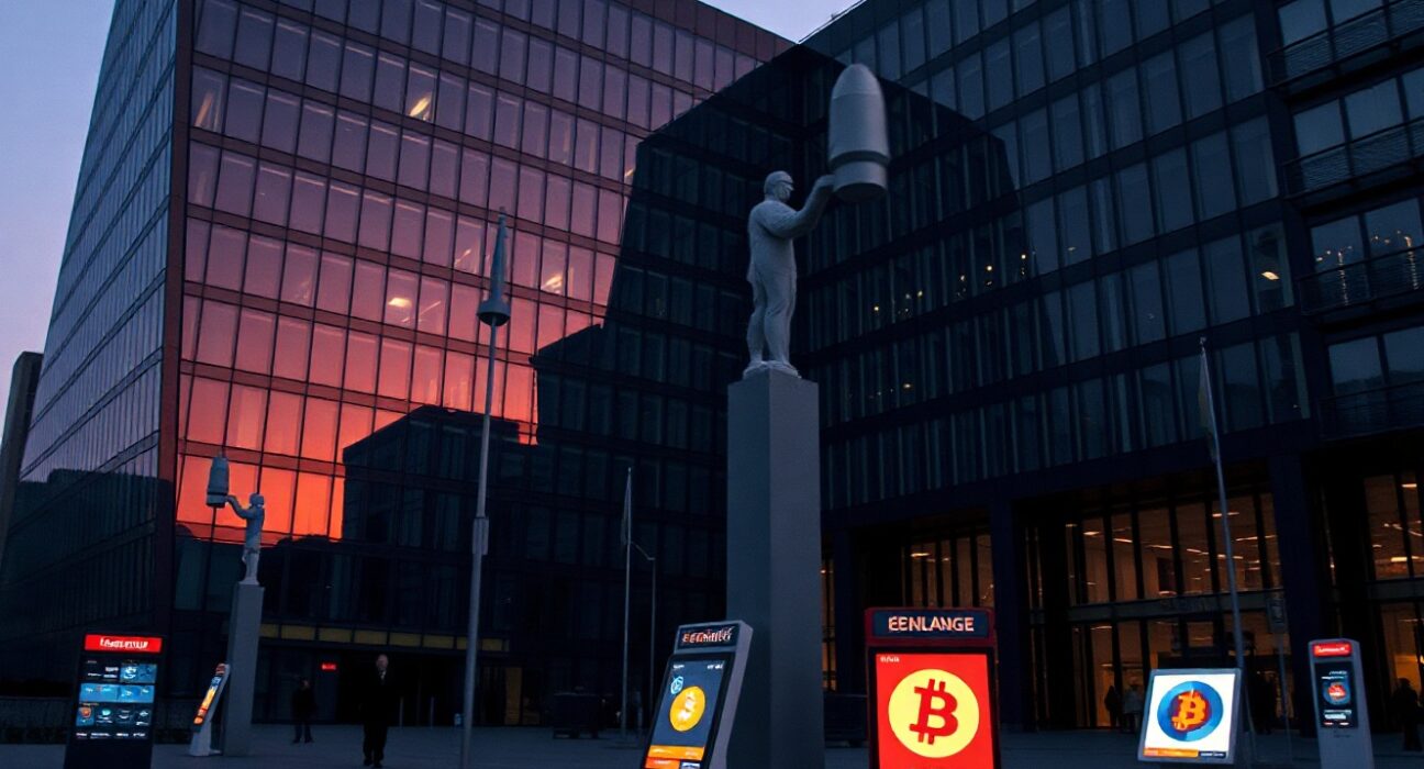 European regulatory building at dusk with crypto exchange signs being turned off, symbolizing market exit.