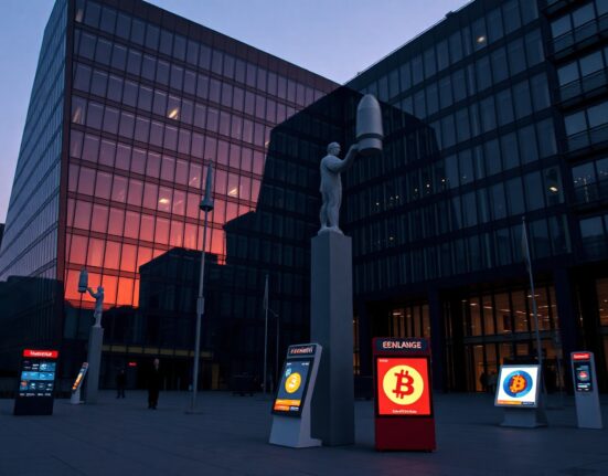 European regulatory building at dusk with crypto exchange signs being turned off, symbolizing market exit.