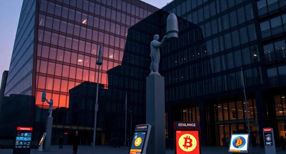 European regulatory building at dusk with crypto exchange signs being turned off, symbolizing market exit.