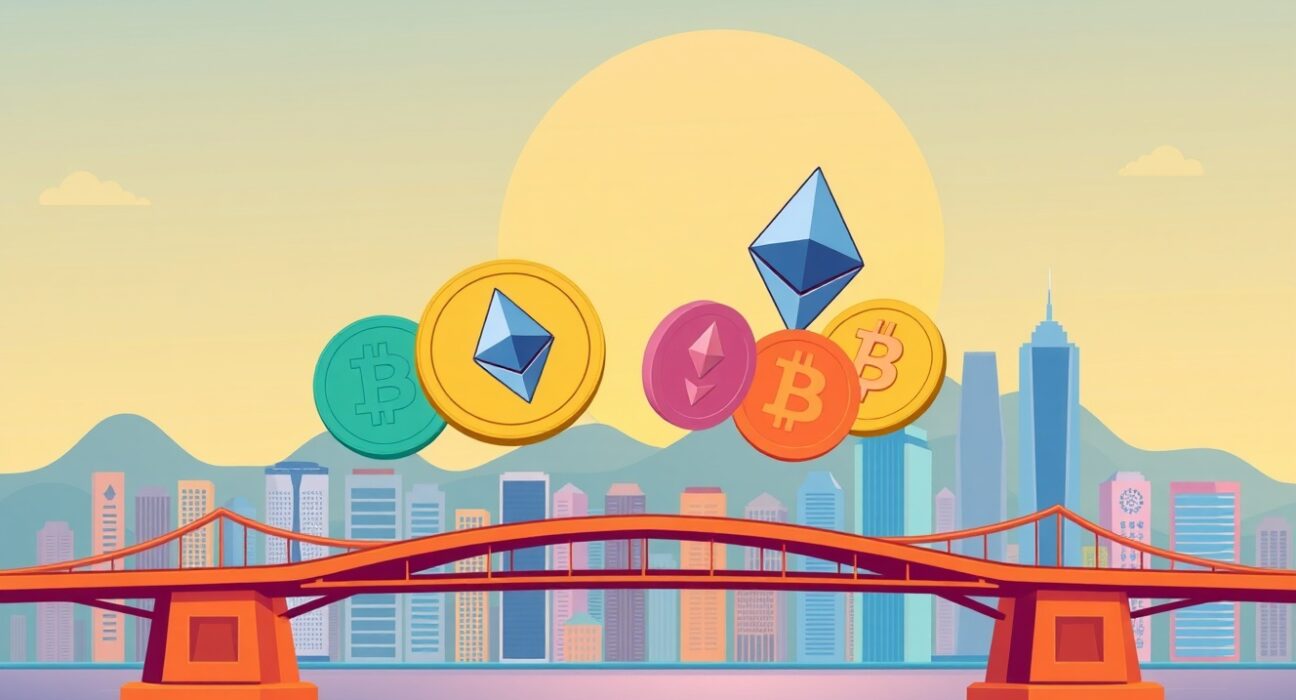 Crypto firms pledge support through blockchain symbols bridging Hong Kong communities in vibrant illustration