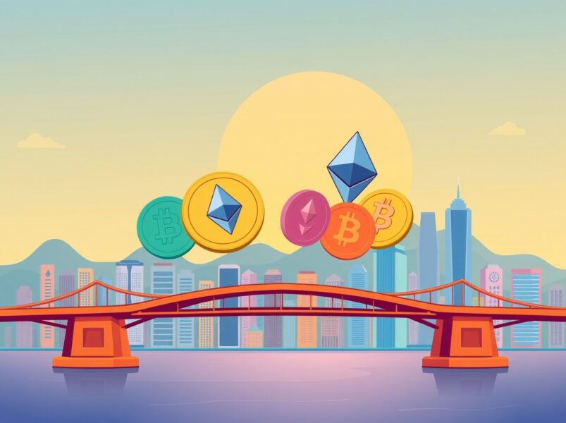 Crypto firms pledge support through blockchain symbols bridging Hong Kong communities in vibrant illustration