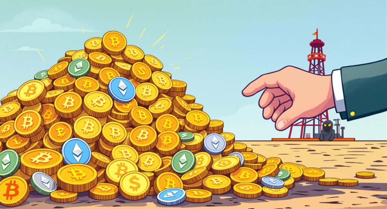 An illustration depicting the U.S. government's pursuit of funds linked to a massive crypto fraud scheme.