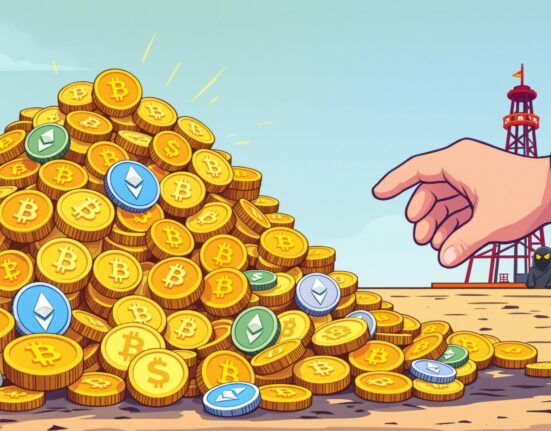 An illustration depicting the U.S. government's pursuit of funds linked to a massive crypto fraud scheme.