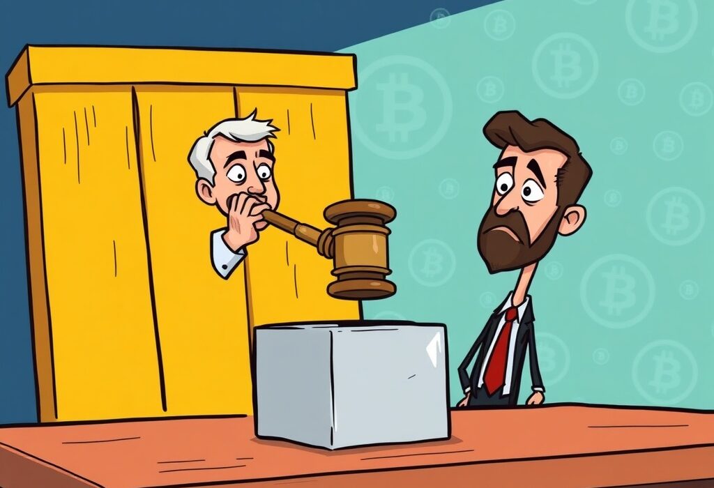 A cartoon illustration depicting the consequences of crypto fraud, showing a gavel and a dejected figure, symbolizing the sentencing of the AML Bitcoin founder.