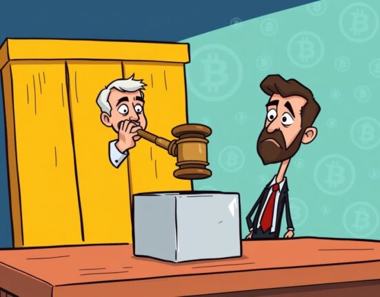 A cartoon illustration depicting the consequences of crypto fraud, showing a gavel and a dejected figure, symbolizing the sentencing of the AML Bitcoin founder.