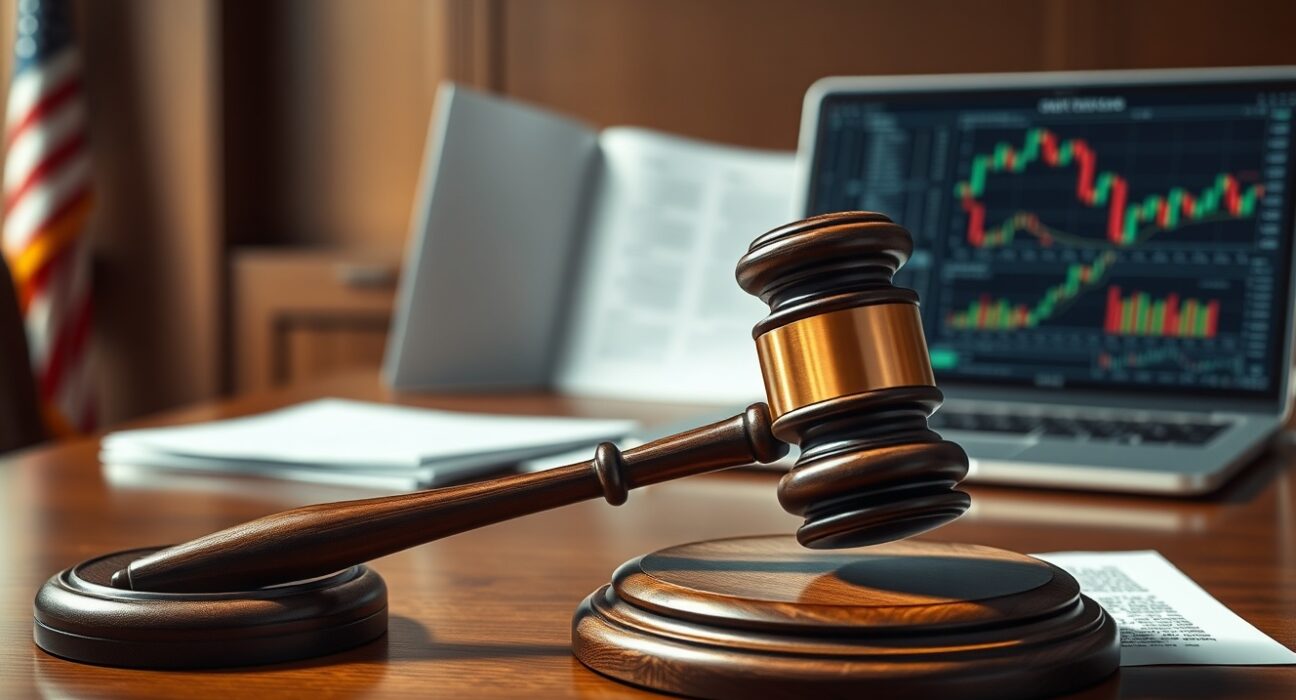Crypto fraud money laundering case: Judge's gavel on desk with blurred cryptocurrency charts in background, symbolizing Evan Tangeman's sentencing.