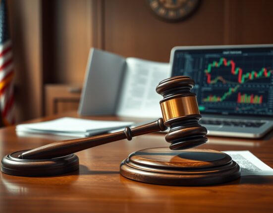 Crypto fraud money laundering case: Judge's gavel on desk with blurred cryptocurrency charts in background, symbolizing Evan Tangeman's sentencing.