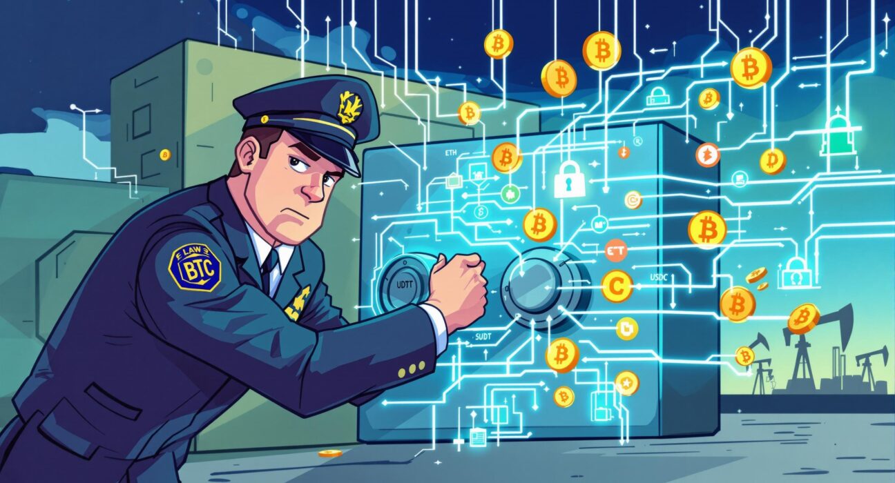 An illustration depicting law enforcement recovering funds from a crypto fraud case, symbolizing the pursuit of digital assets.