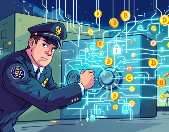An illustration depicting law enforcement recovering funds from a crypto fraud case, symbolizing the pursuit of digital assets.
