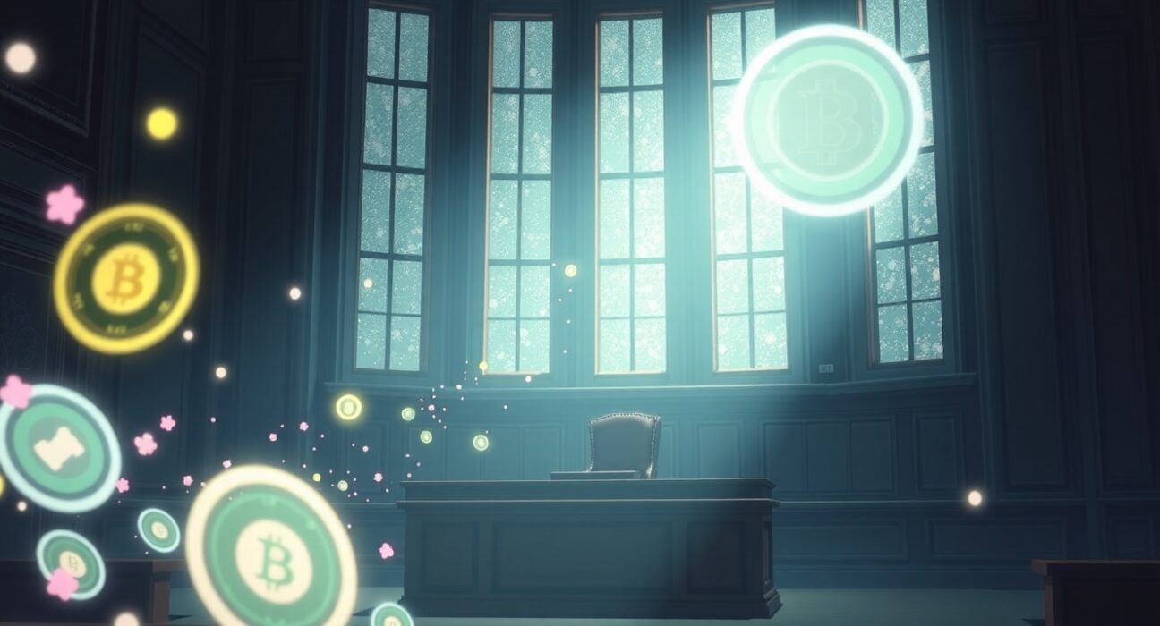 Courtroom scene symbolizing the sentencing of a crypto fraudster for a $73 million investment scam.