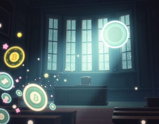 Courtroom scene symbolizing the sentencing of a crypto fraudster for a $73 million investment scam.