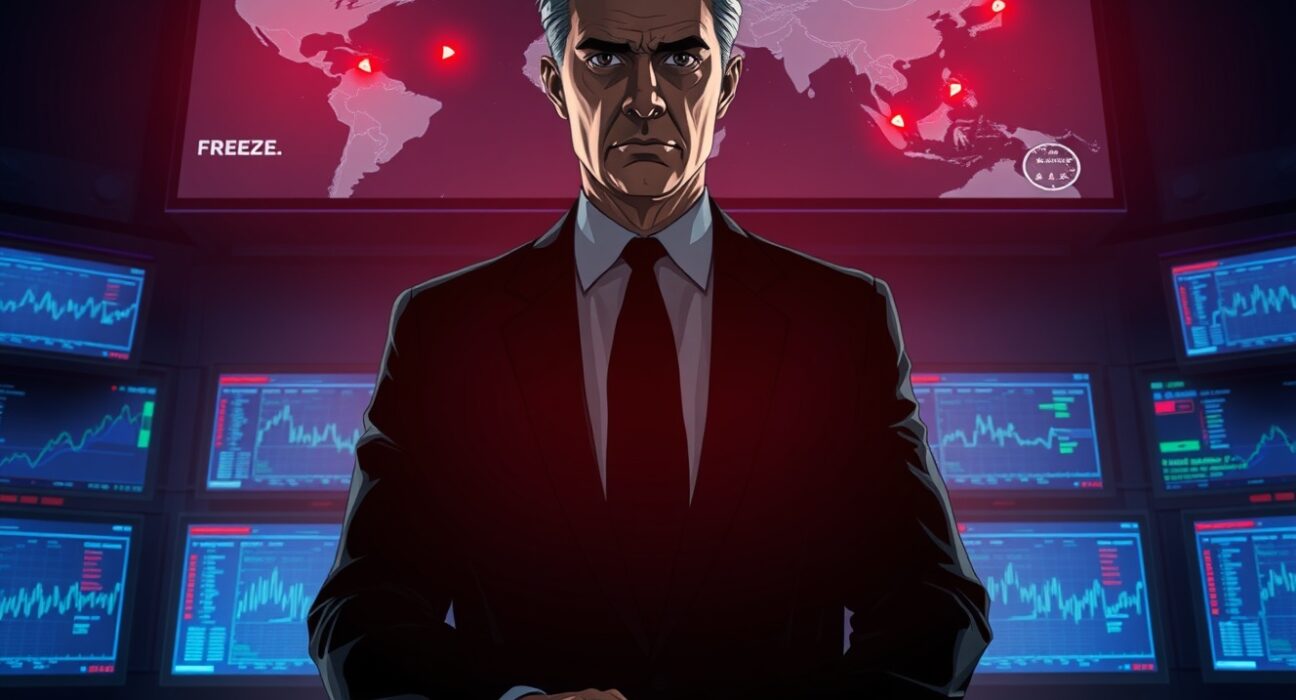 US DOJ agent monitors a digital map of Southeast Asia during a $700M crypto freeze operation targeting a fraud ring.