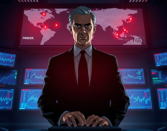 US DOJ agent monitors a digital map of Southeast Asia during a $700M crypto freeze operation targeting a fraud ring.