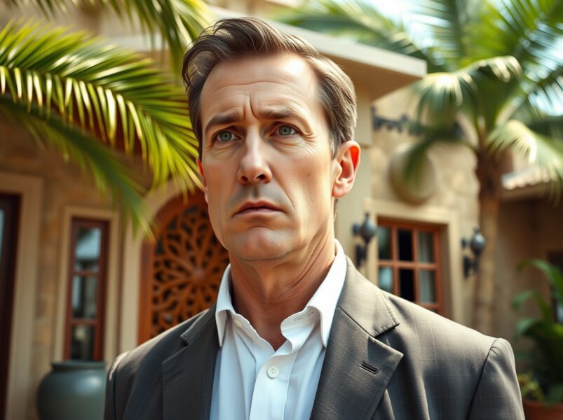 Crypto fund manager Joe McCann outside Zanzibar villa during investigation into fiancée's death