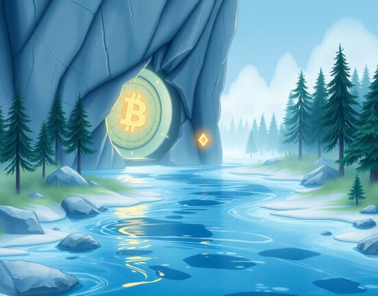 Conceptual illustration of digital asset investment capital flowing out of cryptocurrency funds.