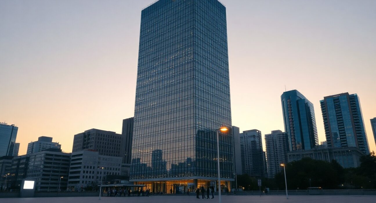 Modern financial district skyline with digital blockchain overlay, representing regulated crypto investment.