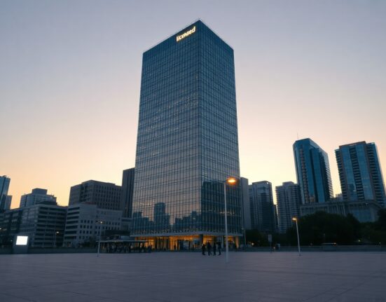 Modern financial district skyline with digital blockchain overlay, representing regulated crypto investment.