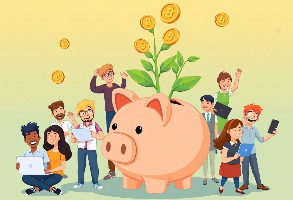 Cartoon showing crypto fundraising success, with investors contributing to a growing digital asset fund.