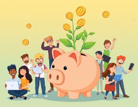 Cartoon showing crypto fundraising success, with investors contributing to a growing digital asset fund.