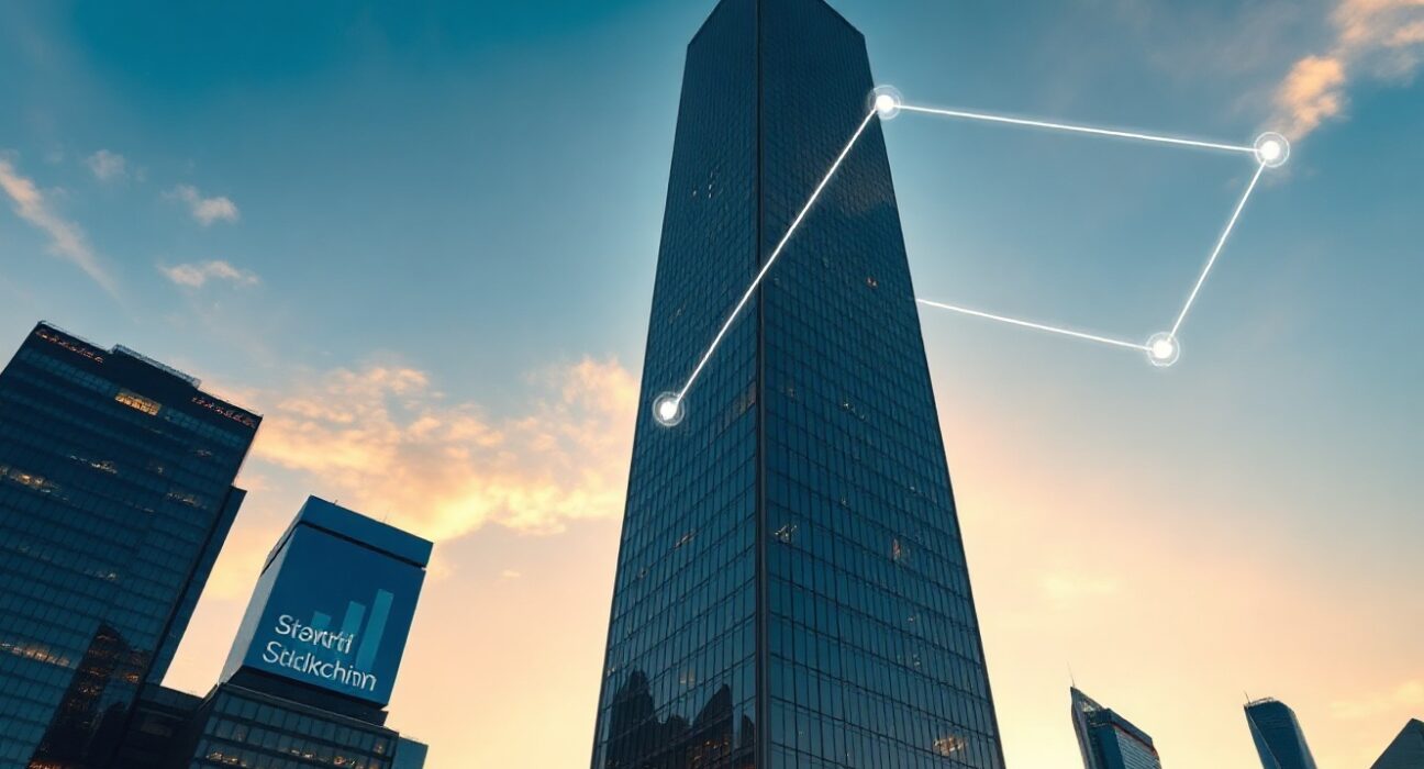 Modern financial district skyline with digital overlays representing crypto fundraising growth