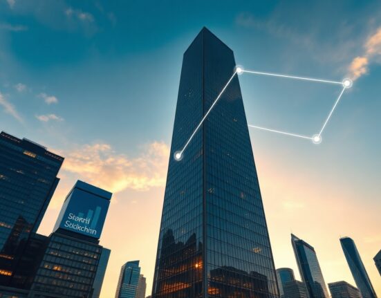 Modern financial district skyline with digital overlays representing crypto fundraising growth