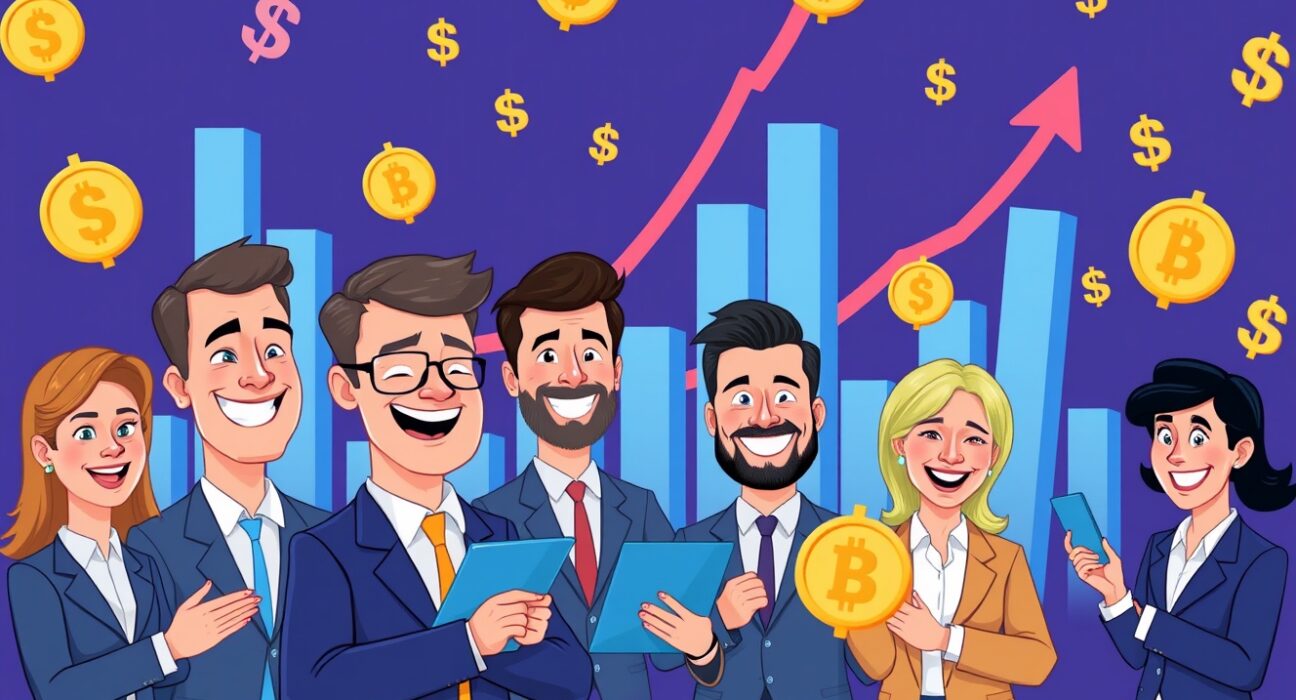 A cartoon illustration showing successful crypto fundraising efforts, with investors celebrating significant capital inflows into the blockchain industry.