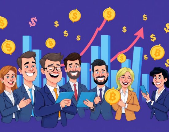 A cartoon illustration showing successful crypto fundraising efforts, with investors celebrating significant capital inflows into the blockchain industry.