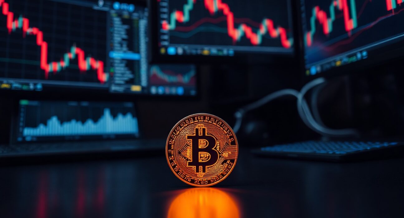 Bitcoin token on a dark trading desk with monitors showing declining crypto charts