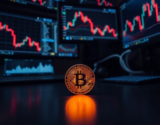 Bitcoin token on a dark trading desk with monitors showing declining crypto charts