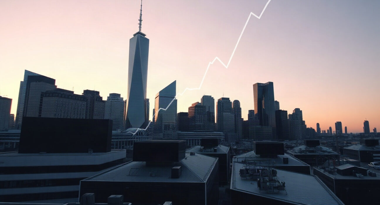 Financial district skyline with a digital chart overlay indicating market growth