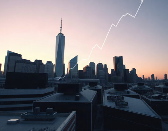Financial district skyline with a digital chart overlay indicating market growth