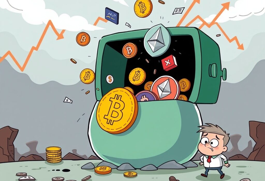 Cartoon illustration showing a massive outflow of crypto funds from an investment product, reflecting the recent $1.43 billion exodus.