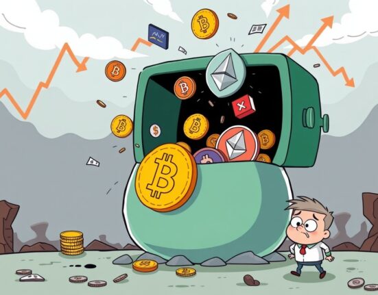 Cartoon illustration showing a massive outflow of crypto funds from an investment product, reflecting the recent $1.43 billion exodus.