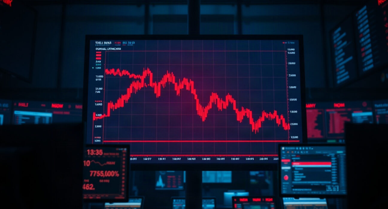 Trading screen showing sharp drop in cryptocurrency prices triggering futures liquidations