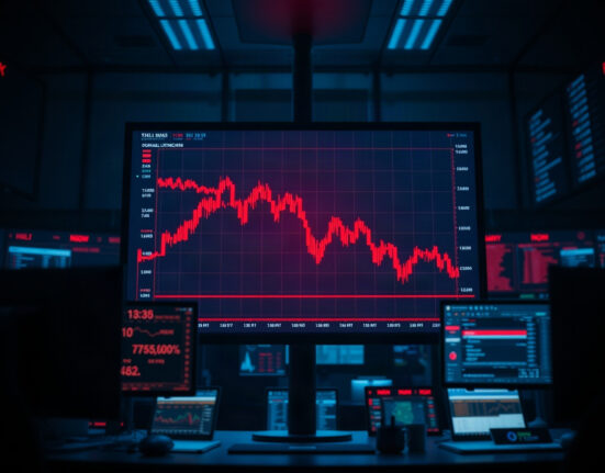 Trading screen showing sharp drop in cryptocurrency prices triggering futures liquidations