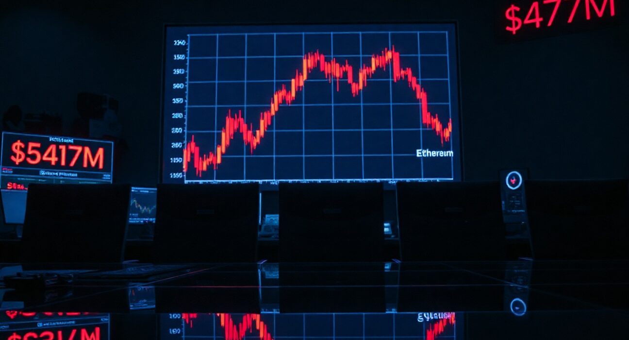Crypto futures liquidation chart showing red candlesticks on a dark trading floor display