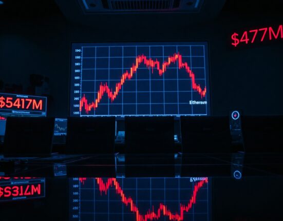 Crypto futures liquidation chart showing red candlesticks on a dark trading floor display