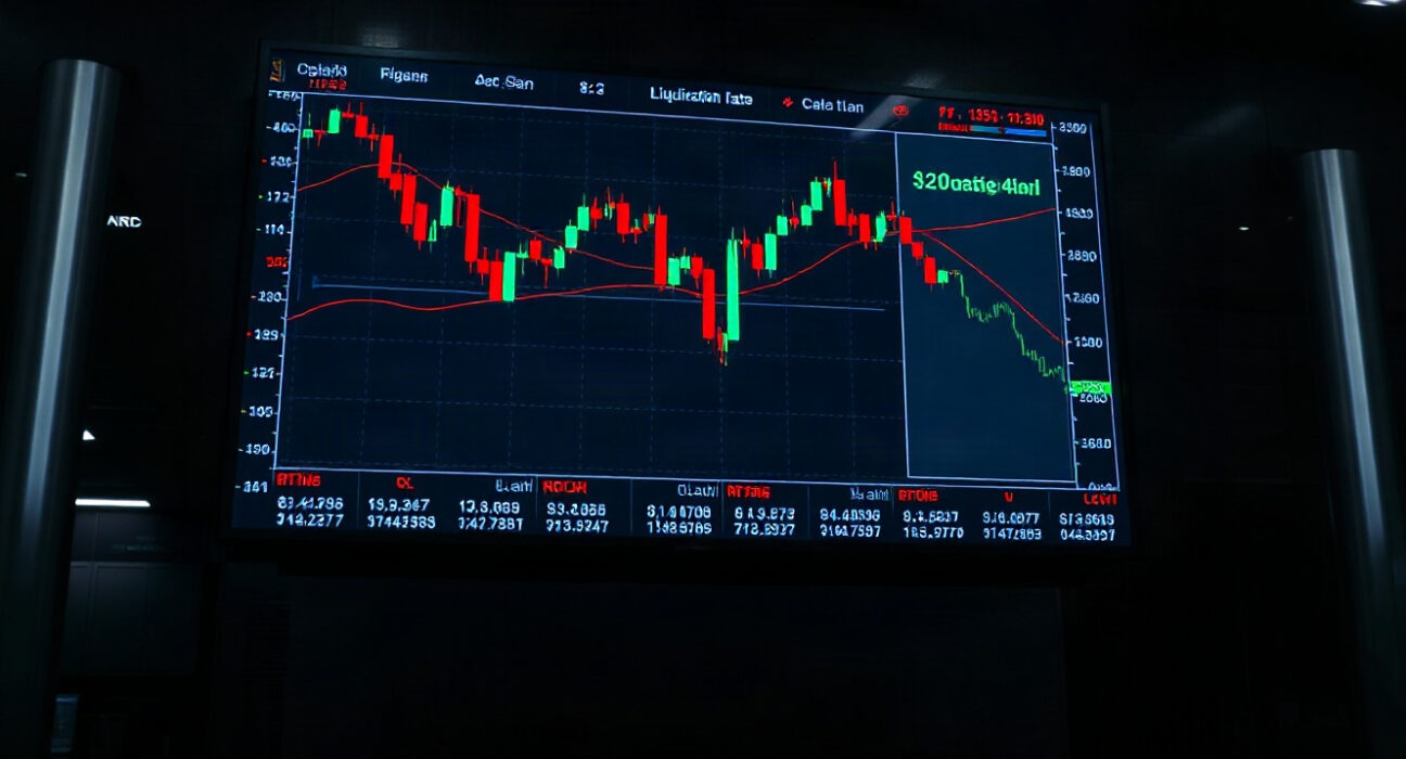 Digital trading screen showing red and green candlestick charts and liquidation data on a modern trading floor.