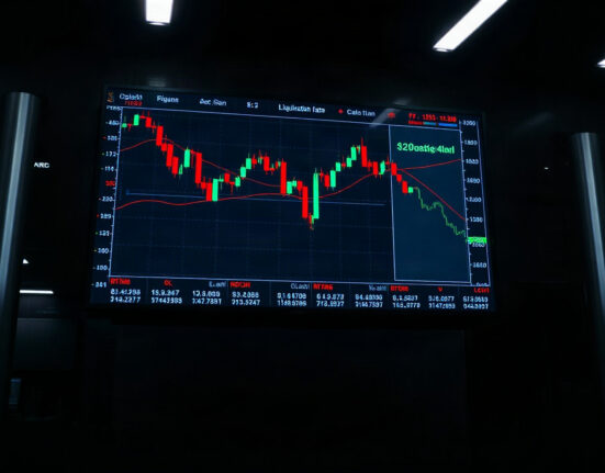 Digital trading screen showing red and green candlestick charts and liquidation data on a modern trading floor.
