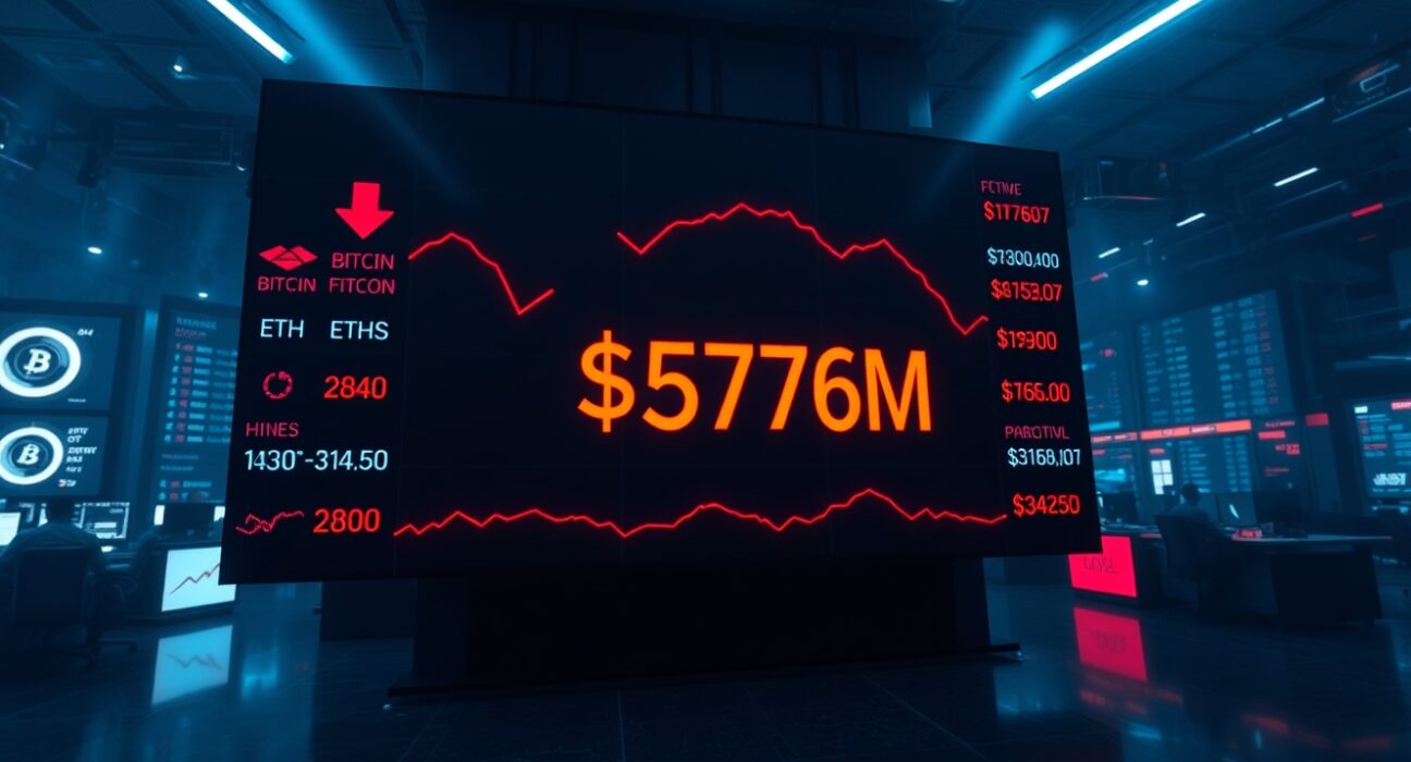 Digital display showing $576M in crypto futures liquidations with red arrows on a trading floor