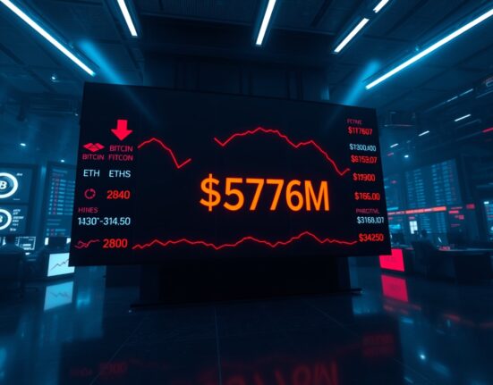 Digital display showing $576M in crypto futures liquidations with red arrows on a trading floor