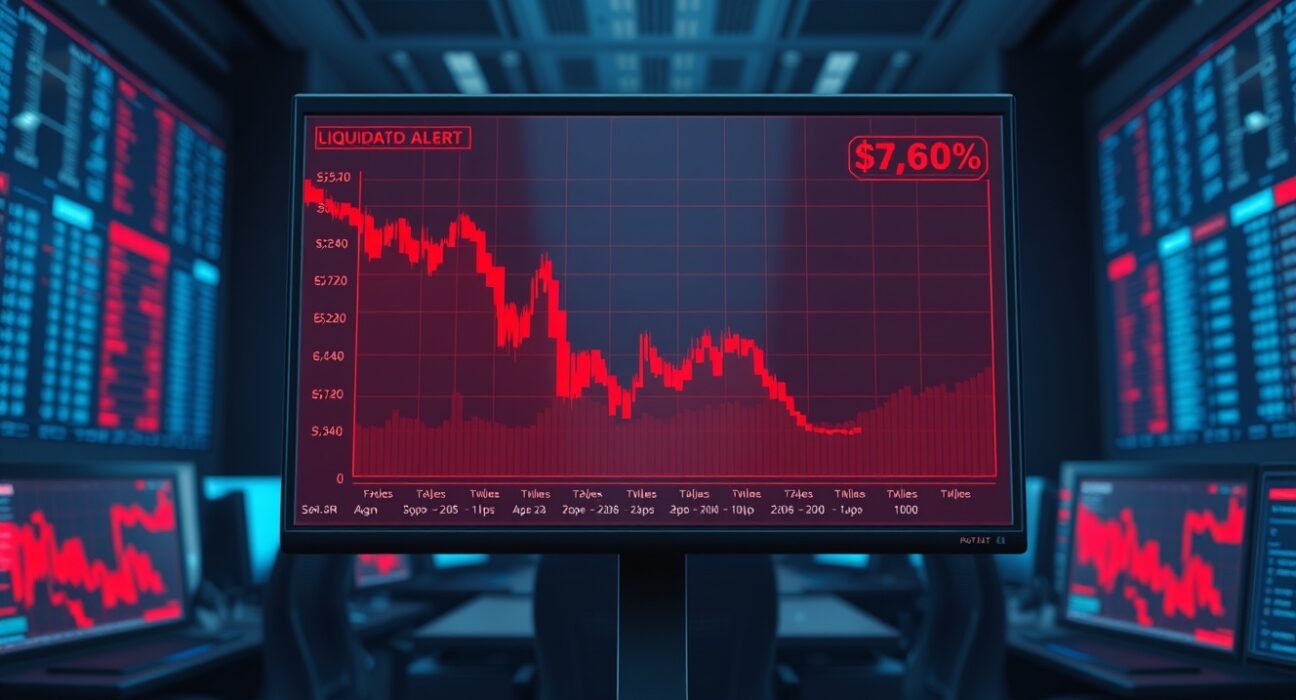 Crypto futures liquidation event showing volatile market trading screens with red price charts