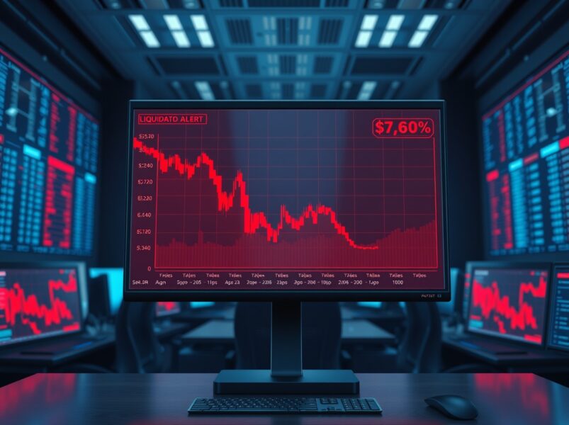 Crypto futures liquidation event showing volatile market trading screens with red price charts
