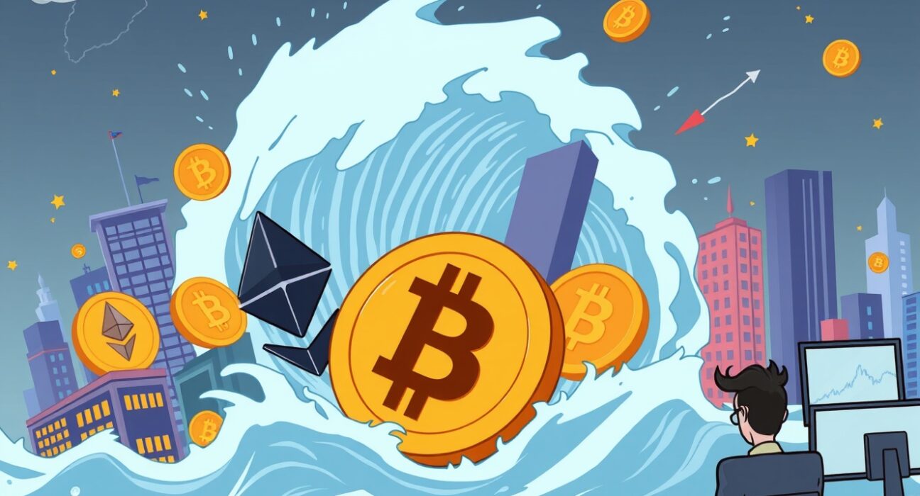 Cartoon illustration showing crypto futures liquidated amidst a volatile market storm, highlighting the sudden financial impact on traders.