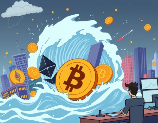Cartoon illustration showing crypto futures liquidated amidst a volatile market storm, highlighting the sudden financial impact on traders.