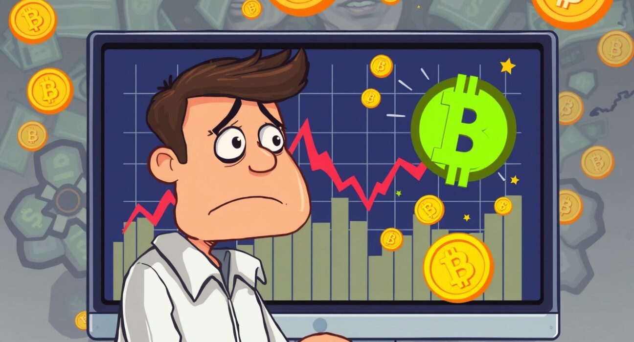 Cartoon illustration of a trader reacting to a sharp market drop, symbolizing massive crypto futures liquidated.