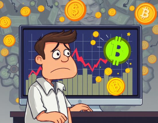 Cartoon illustration of a trader reacting to a sharp market drop, symbolizing massive crypto futures liquidated.