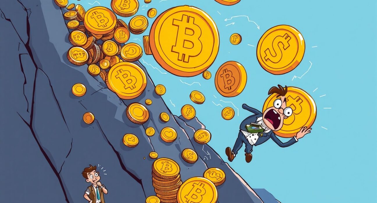 Dramatic cartoon showing crypto futures liquidated as coins cascade downward amid shocked traders
